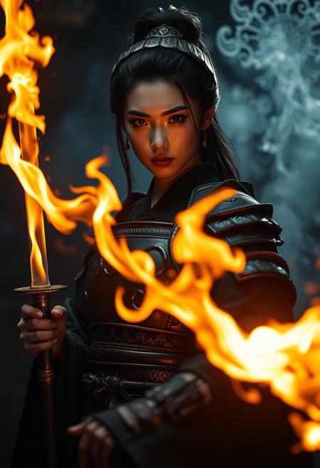 A samurai geisha, stands in a tenebrous, smoke-filled environment. Her countenance, framed by raven hair, is one of unwavering resolve, illuminated by the effulgent flames she wields. She is clad in meticulously crafted armor, its dark metal reflecting the fiery glow. The image, meticulously composed as a medium shot with a slightly low angle, emphasizes her indomitable spirit and mastery over the elements. The chiaroscuro lighting technique accentuates the ethereal nature of her power, while the meticulously rendered background hints at a world engulfed in conflict and magic.  Cinematic hyperrealism, tenebrism, volumetric lighting, high-contrast, deep shadows, heightened gamma, painterly rendering.