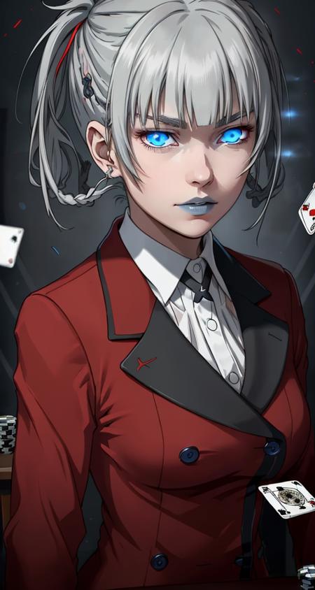 <lora:VRAMs3DMomobami640:0.5> , 1girl, xyzmomobami,  intense glare, hair rings, grey hair, masterpiece, beautiful, portrait, closeup, blue lips, red coat, double breasted coat, school_uniform, medium breasts, glowing eyes, poker, cards