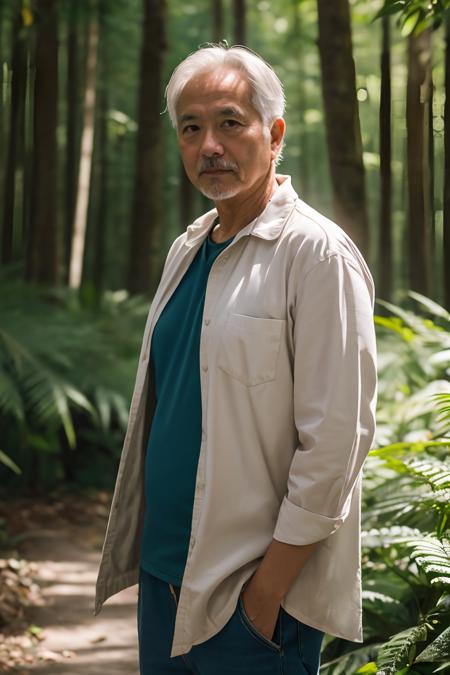 RAW photo,a portrait photo of 55 y.o man,traveler clothes,standing in the forest,natural skin,8k uhd,high quality,film grain,Fujifilm XT3,