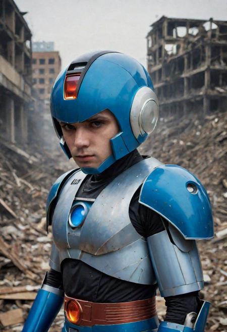 Portrait Photo of a ((blue gelatine megaman:1.7)), who is standing looking at how his city has been destroyed by a nuclear bomb. He has just arrived at the disaster and observes the horror of the destruction, ruined buildings full of smoke and flames, ground full of rubble with skeletons lying around In the dawn light floods the scene, the man is completely dressed in normal clothes and wet, he is dirty, everything is a disaster, the sky is cloudy and it is raining,(beautiful face:1.6), Fujifilm XT3,film still,film grain,cinematic,soldier accessories,war style, professional photo,best quality and best aesthetic,Award-winning artistic photos,Outdoors,public places,( detailed in background:1.6)Perfil,18-20 (dirty:1.8)