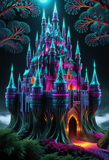 surreal castle, old castle, crazyily big castle, massive fortress, surreal castle, massive walls, medieval castle, transformed by glowing fractal roots, geometric vines wrapping around its structure, futuristic crystal patterns integrated into the metal, bioluminescent details, mystical atmosphere, cinematic lighting, foggy cityscape in the background, ultra-detailed architecture, dreamlike sci-fi fantasy fusion, sharp focus, 8k, fractal-inspired redesign, concept art style, fractangles, made out of fractangles, high quality,