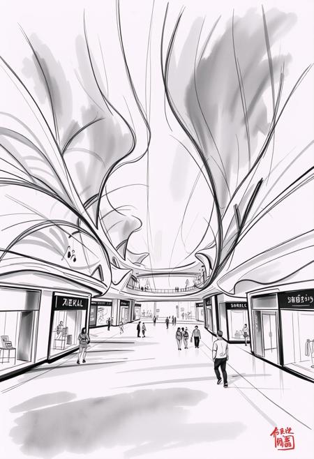 A breathtaking masterpiece, a meticulously crafted sketch of a futuristic shopping mall, rendered in a captivating monochromatic palette dominated by soft, velvety grey tones. 