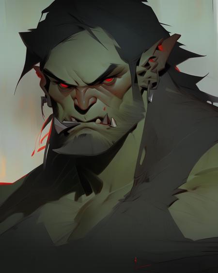 1boy, solo, male focus, facial hair, pointy ears, black hair, long hair, looking at viewer, red eyes, beard,  orc, upper body