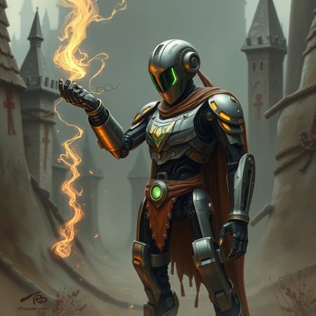 a high-tech robot in a medieval world conjuring a spell