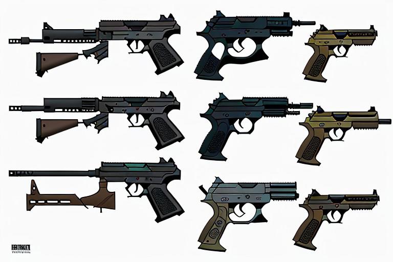 concept art of many guns, flat color Comic book style vector illustration