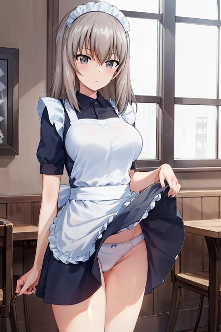 masterpiece, best quality, 1girl,solo,girls und panzer, itsumi erika,expressionless,(maid uniform, white panties:1.2),looking at viewer, skirt lift,cowboy shot, (indoors), (cafe), (window+blue sky)  <lora:Itsumi Erika:0.6>