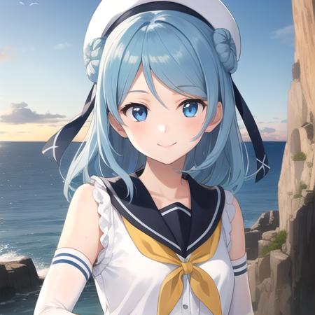 ((masterpiece)),(best quality),official art,extremely detailed CG,unity 8k wallpaper,ultra detailed,A lighthouse on a cliff by the sea,1girl,solo,upper body,(portrait:1.2),blue_hair,elbow_gloves,blue_eyes,school_uniform,serafuku,hair_bun,double_bun,white_headwear,yellow_neckerchief,white_gloves,pleated_skirt,sleeves_rolled_up,sailor_hat,smile,long_hair,white_socks,<lora:Urakaze(kan)>,