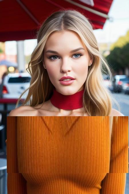 joycorrigan piercing eyes, looking straight, very happy, long hair, wearing an off-shoulder sweater, choker, closeup portrait, in a outdoor cafe in 2015, afternoon light