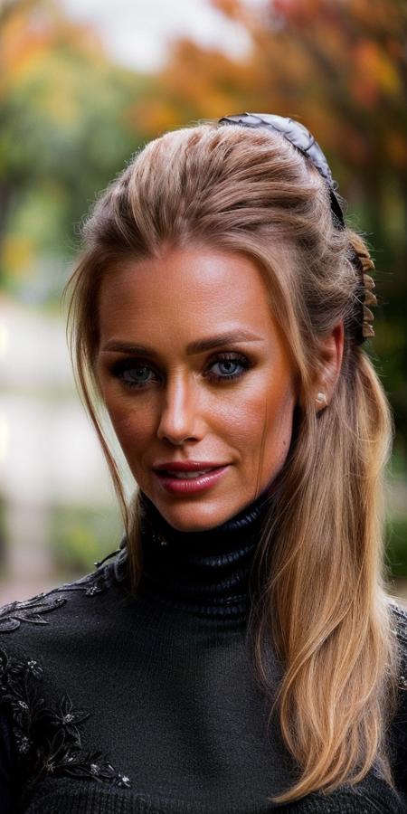 A stunning intricate full color closeup medium shot of nicole_aniston, (1girl:1.5), solo,
upper body,
((front view:1.2)), centered,
medium breast,
(fit), (perfect antomy:1.3),
a beautiful woman, modelshoot style,
(outdoors:1.3), (((walking at autumn park))),
wearing ((black_turtleneck_dress:1.4)) and ((pants)),
looking at the viewer,
(cute smile:1.4),
(high_ponytail:1.4),
((sharp face, detailed face, realistic face, naturtal skin, realistic skin, detailed skin, pores, detailed eyes,realistic eyes)),
depth of field,
cinematic lighting, light,
masterpiece, photorealistic,detailed, intricate, highly detailed eyes, sharp focus on eyes,
<lora:nicole_aniston:0.9>, <lora:add_detail:0.6>,<lora:more_details:0.5>,