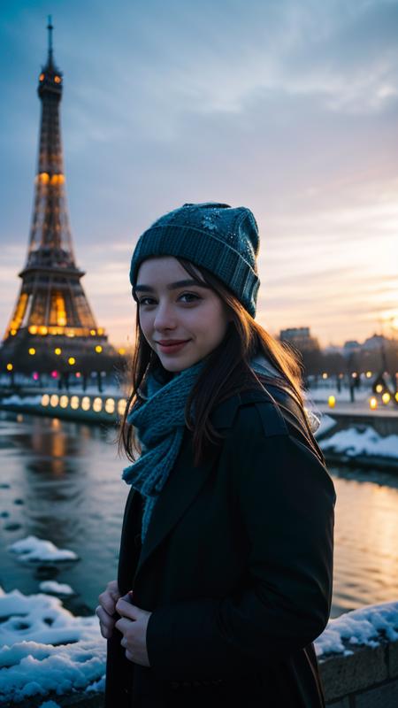 realistic photograph of dasha_taran, pretty face, looking at viewer, detailed eyes, smile, cute, blonde hair, she is stand among snow, wearing (winter coat, scarf, gloves, hat ,made of cotton),eiffel tower in the background, warm light decoration, scene set in Paris on winter, bokeh, portrait, sharp focus on eye, low light, night street lamp, shot with dslr f/1.4, blurry background, <lora:Light and Shadow:0.4>, <lora:Dasha-000006:0.8>, <lora:backlight_slider_v10:-1> (Add lightsource to front)