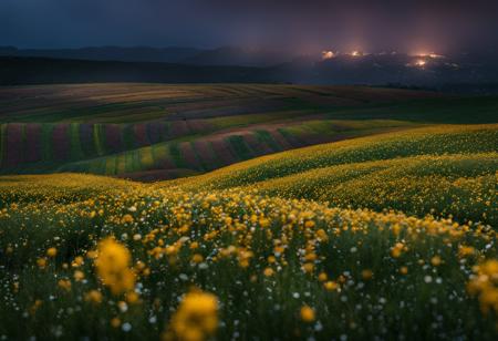 photograph of  flower field ,  rain with raindrops , at  night , grand composition, masterpiece, national geographic, nature, 8k, highly detailed, nikon, dslr, hdr, 100-400mm lens, composition, best composition, classic, Landskaper
