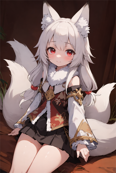  (((Petite, loli)))1girl,red eyes,fox ears,fox tail, animal ear fluff, white hair, black skirt,white fur trim