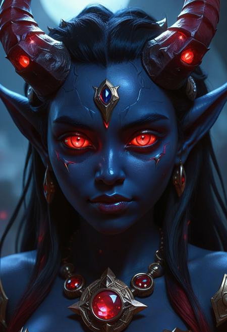 rp_slgd, horns, portrait, dark blue skin, red eyes, soul gem, 1girl, glowing eyes, fantasy, animated, detailed, masterpiece, 4k, 8k
