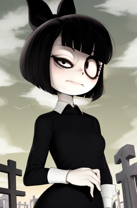 Susie,short hair,bags under eyes,pale skin,wavy mouth,black eyeliner,black eyes,(right eye half closed,left eye open),
black dress,long sleeves,wrist cuffs,black hair ribbon,
standing,upper body,
cemetery,night,cloudy,
(insanely detailed, beautiful detailed face, masterpiece, best quality),solo,<lora:SusieB98:0.8>,