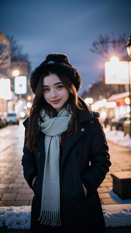 realistic photograph of dasha_taran, pretty face, looking at viewer, detailed eyes, smile, cute, blonde hair, she is stand among snow, wearing (winter coat, scarf, gloves, hat ,made of cotton),eiffel tower in the background, warm light decoration, scene set in Paris on winter, bokeh, portrait, sharp focus on eye, low light, night street lamp, shot with dslr f/1.4, blurry background, <lora:Light and Shadow:0.4>, <lora:Dasha-000006:0.8>, <lora:backlight_slider_v10:-1> (Add lightsource to front)