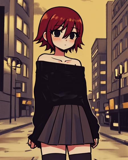 <lora:SakuraVRC:0.6> SakuraVRC, 1girl, solo, short hair, red hair, black eyes, hair between eyes, blush, black sweater, baggy clothes, off shoulder, collarbone, pleated skirt, thighhighs, city lights, cowboy shot, small breasts, <lora:scottpilgrimvstheworld_v5_BryanLeeOMalley_Mix_3_7:1> scottpilgrimvstheworld, black eyes, blomalley, (masterpiece, best quality:1.3),