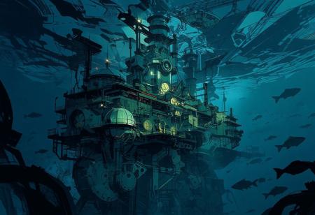 We are underwater, 100 meters below the surface, with no view of it. The perspective is a deep downward shot with exceptional visibility. A vast underwater research station, both a futuristic city and a mining extraction facility, stands at the edge of an unfathomable abyss.
The station's architecture is industrial and mechanical, made of glass and steel. A massive building topped with a colossal glass tower dominates numerous other structures, some adorned with small domes or cupolas. Multiple platforms house residential and research facilities, with scattered lights illuminating the underwater station and antennas spread throughout.
Countless air bubbles escape from the station, rising toward the unseen surface. In the foreground, additional research domes, pipelines, conduits, and immense underwater mining machines emphasize the station's industrial activity. The water is crystal clear, providing an extensive view of various fish swimming around and in the distance, weaving between the station's pipes.