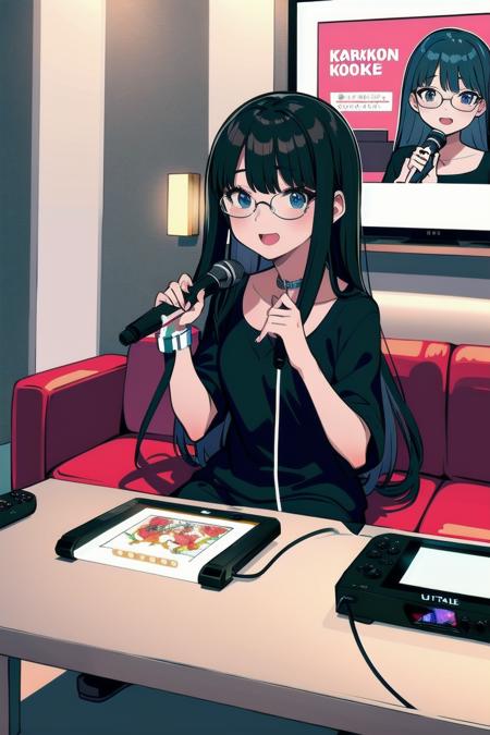 masterpiece, best quality, ultra-detailed, illustration,
karaokeroom, scenery, karaoke, multiple girls, glassses, black hair, microphone, singing,  music,  long hair,  joypad,  table, couch, karaoke, 
 <lora:KaraokeRoomV2-000008_1.0_MID5_Resize_DIM8:1>