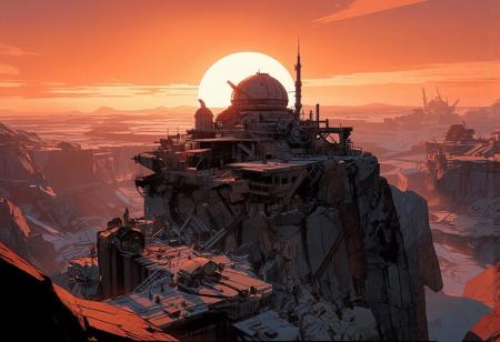 Aerial view, looking down upon Mars' Great Scar—an immense canyon. A scientific research station, almost a futuristic city, stands on its edge. Large boulders and small rocky spurs are scattered throughout the terrain. The city is perched atop a massive rocky outcrop, overlooking the vast canyon, a barren desert valley. Its architecture is sleek and harmonious, made of glass and steel. A grand building with a colossal astronomical observatory dome towers over the other structures.
Multiple platforms host residential and research facilities, with scattered lights, intricate staircases, and antennas spread throughout. The city is surrounded by a vast expanse of frozen rock. At the base of the outcrop, a dozen smaller research domes, pipelines, conduits, and massive extraction machines fill the foreground, where activity is bustling across the plain. In the distance, a glacier stretches across the frozen expanse, not far from a spaceport.
The sky is intensely illuminated as the sun sets, casting an orange glow over the icy blue city. The air is frigid, with ice crystals drifting in the wind, lifting snow and dust just above the ground.