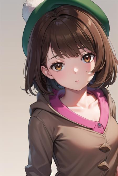 pokemongloria, <lyco:pokemongloria-lyco-nochekaiser:1>,
pokemongloria, (brown eyes:1.5), brown hair, medium hair, (small breasts:1.2),
BREAK cardigan, dress, green headwear, grey cardigan, hood, hood down, hooded cardigan, long sleeves, pink dress, short dress,
BREAK looking at viewer, full body, upper body,
BREAK outdoors, city, sky,
BREAK <lyco:GoodHands-beta2:1>, (masterpiece:1.2), best quality, high resolution, unity 8k wallpaper, (illustration:0.8), (beautiful detailed eyes:1.6), extremely detailed face, perfect lighting, extremely detailed CG, (perfect hands, perfect anatomy),