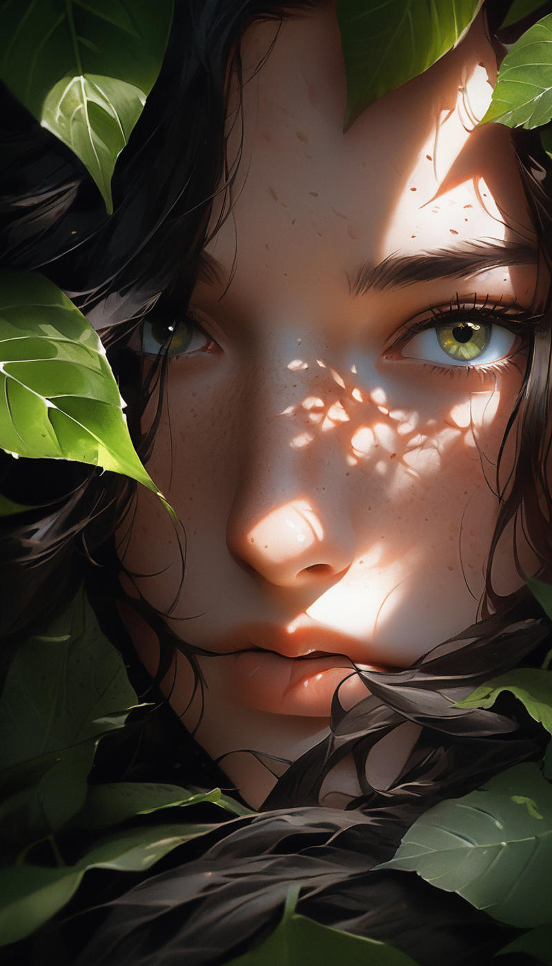 A woman with green eyes and a sunlit face.