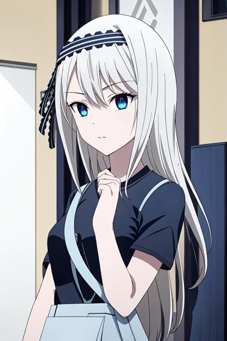 <lora:Kei Shirogane:0.7>,Kei, 1girl, solo, blue eyes, long hair, hairband, shirt, black shirt, bag, bangs, short sleeves, upper body, indoors, grey hair, black hairband, closed mouth, breasts, white hair