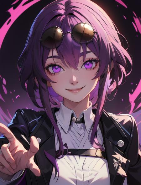 best quality, masterpiece, highres, detailed, digital artwork, <lora:Detail - add_detail:0.2>,  <lora:Character - KafkaHonkai:0.8>, KafkaHonkai, sunglasses on head, purple eyes, purple hair, white shirt, black jacket, open jacket, evil smile,