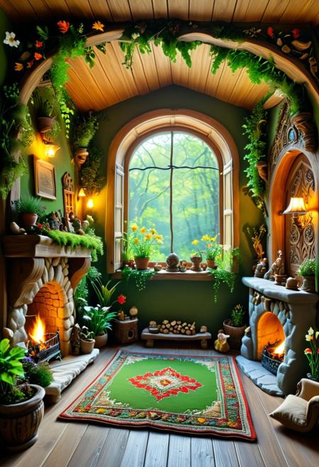The gnome room exudes a mystical aura, filled with light and warmth. The walls are adorned with intricately carved wooden panels, while the ceiling is high and curved, resembling the branches of trees that encircle the house from outside. A soft, mossy green rug covers the floor, creating a sense of being immersed in nature.
At the center of the room, a comfortable bed with plush pillows and a blanket embroidered with vibrant flowers, reminiscent of those found in the forest, is situated. The window, offering a view of the enchanting forest bathed in morning light, has light curtains that are open, inviting sunlight to enter. Pots with flourishing plants stand on the windowsill, permeating the air with freshness.
In one corner of the room, a cozy fireplace crafted from smooth stones is found, surrounded by soft armchairs upholstered in bright fabrics. In the evenings, dwarves gather here to share fairy tales and savor the warmth of the fire. Close by, a large bookshelf is filled with books about magical creatures and adventures. On the top shelf, ancient scrolls and peculiar artifacts can be seen, further enhancing the magic of the space.
The gnome room is always filled with joy, laughter, and friendship, and each new sunrise brings hope for new adventures in the enchanting forest.