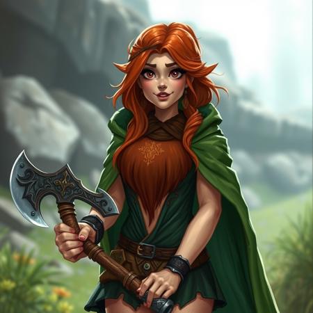 Beautiful feminen bearded dwarf in mine, smile, pretty, green, cape, shocked expression on her face,  beard Expressive, detailed face, thighs, deep plunge top, short skirt, copper hair, ornate axe