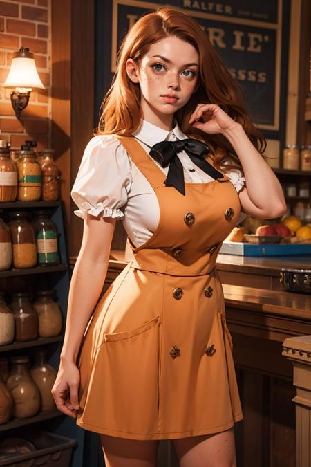 masterpiece, best quality, <lora:age_slider_v20:1>  <lora:detail_slider_v4:2> 1girl, 0v3ralldr3ss, shirt, dress, bow, short sleeves, puffy sleeves, black dress, puffy short sleeves, buttons, double-breasted, pinafore dress,<lora:0v3ralldr3ss:0.7> <lora:Fr3ckles:0.8> Fr3ckles, freckles, long hair, ginger hair, solo, standing,