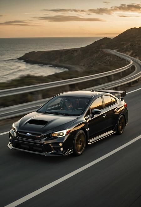 A bright black Subaru WRX/STI  sports car with a long sleek design speeding along a coastal highway at sunset, motion blur effect on the background to emphasize speed, muted brown and gray tones in the environment, subtle transparent green and red trading charts and financial graphs overlaid softly, conveying luxury, wealth, and dynamic elite business lifestyle, realistic lighting, cinematic atmosphere, highly detailed, photorealistic