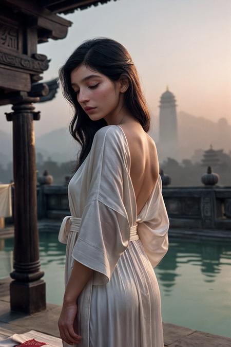 GaiaG_SoloTI_v1,
(In a serene robe of flowing silk, embroidered with sacred symbols, emanating tranquility and wisdom),
(A tranquil temple courtyard at dawn, with the gentle rustle of prayer flags in the breeze, a profound sense of peace:1.3),
(seductive:1.3),(analog, cinematic, film grain, hazy atmosphere, cinematic shot:1.3), 
<lora:add_detail:0.6>,<lora:LowRa:0>, PA7_Portrait-MCU,