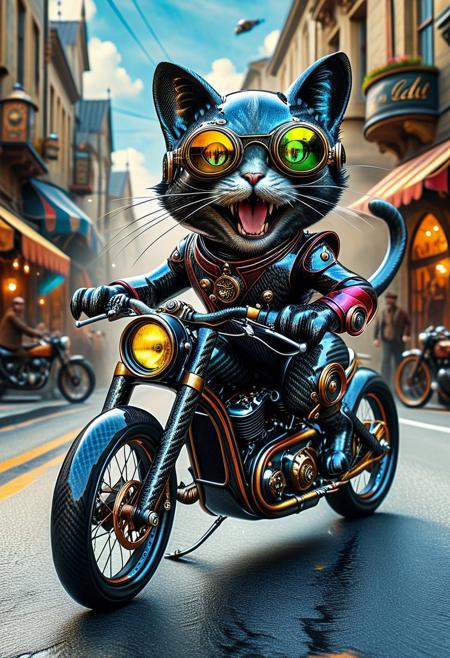 cf_style,masterpiece, movie poster style, fantasy photograph, vintage motorcycle made of carbon fiber, ecstatic steampunk cat made of carbon fiber with racing goggles racing down a street, laughing at viewer, highly detailed, vibrant colours