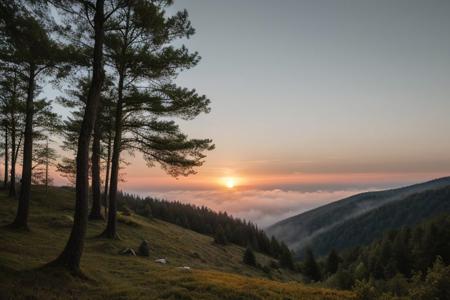 raw photo, a sunset landscape, Carpathian mountains valley temperate forests, Poland forest,  cozy, photorealistic, high detailed texture, 8k uhd, dslr, soft lighting, high quality, film grain, Fujifilm XT3, Sony A7 IV, highly detailed photography, (muted colors, cinematic, dim colors, soothing tones:1.2), vibrant, insanely detailed, hyperdetailed, (dark shot:1.2), (vsco:0.3), (intricate details:0.9), (hdr, hyperdetailed:1.2) (highest coherency: 1.39) (highest quality: 1.39) (rule of Thirds) (award winning) (breathtaking) (masterclass) (vibrant color: 0.79) (foggy: 1.09) (distant ruined chapel distant hillside)
