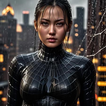 score_9, score_8_up, score_7_up, best quality, realistic, masterpiece, beautiful detail, hyperrealistic, rainy scenery, ((1girl, woman body, big breasts)), amazing detailed full body of a beautiful japanese girl, wearing a realistic and highly detailed black raimi spider-man suit, ((huge muscular girl)), professional model wears ultra - detailed black raimi spider - man suit, ultra - detailed and grained black raimi spiderman suit, suit covered entire body and hand, black spiderman gloves, wet, (swinging on a spider web), close up, octane render, highly detailed, volumetric, dramatic lighting, (highest quality:1.1), (HDR:1.3), (top quality, best quality), realistic, high definition,