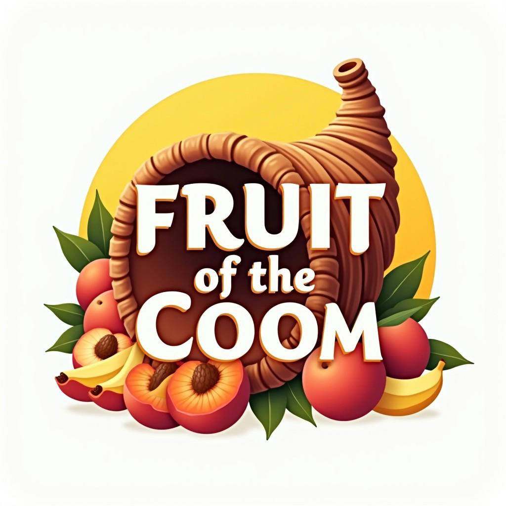 The FRUIT of the COOM logo with a cornucopia, peaches, and bananas behind it, logo style.