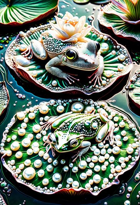 Pearlum, A glistening pearl rests upon a vibrant lily pad, its lustrous surface shimmering like a gem. Amidst this serene aquatic setting, a delicate frog emerges, its vibrant green skin adorned with intricate patterns, a true work of nature's art. The pearl, a symbol of purity, adds an elegant contrast, creating a captivating scene of unexpected beauty.<lora:Pearlum_World_Morph:1>