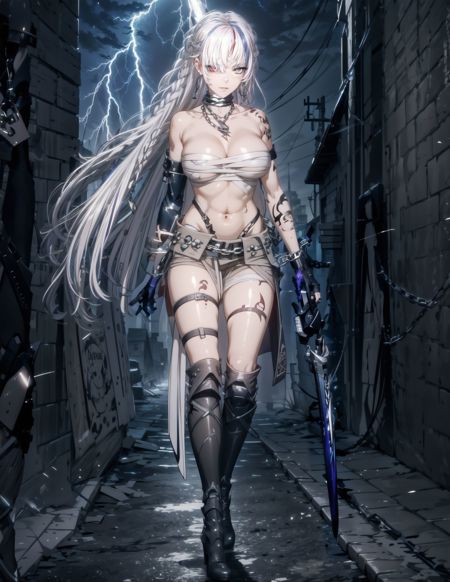 1girloutfit2,heterochromia, red_eyes ,grey_eyes,braid,multicolored_hair,very_long_hair,silver_hair,streaked_hair,white_hair, model,medium breasts, bandages,sarashi,bandaged_arm,tattoo,jewelry,earrings,high_heels,gloves,boots,high_heel_boots,bandaged_neck,chain,,thigh_strap,arm_tattoo,bandaged_leg,barcode,mechanical_legs,naked_bandage,robot_joints, (((weapon2,sword2,holding sword,)))
