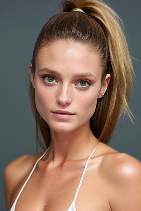 (CR-Kat3Bock-summer4love263:0.9), photo of woman, (grey background:1.0), (undercut hair:1.1), (oiled shiny skin:1.0), (tilted angle shot:1.0),