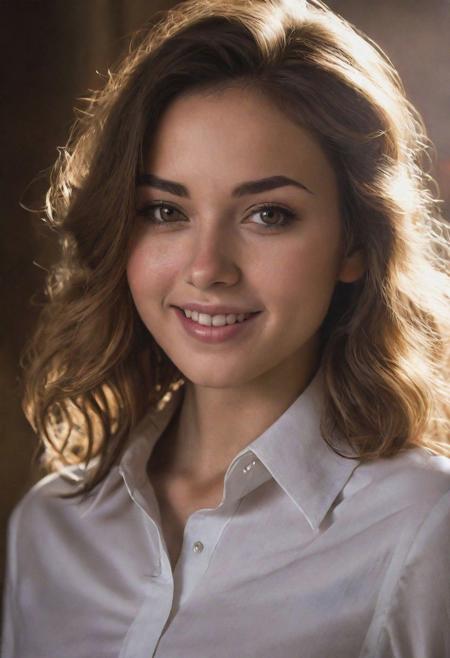 25 years old, best quality, masterpiece, (photorealistic:1.4), 1girl, light smile, shirt with collars, waist up, dramatic lighting, from below,
small breasts, textured skin.