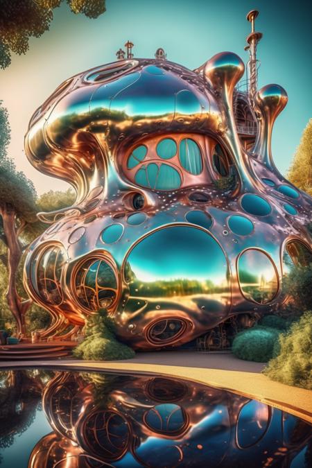 <lora:Filip Hodas Style:1>Filip Hodas Style - Photorealistic extraterrestrial alien steampunk House and garden, designed by Antoni Gaudi, bizarre, luminous iridescent undulating liquid, high resolution camera HDR cinematic lighting