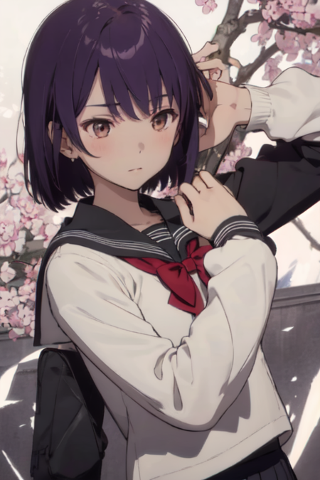 YukikaShindo, 1girl, solo, short hair, long sleeves, red bowtie, brown eyes, black serafuku, school uniform, purple hair, black sailor collar, black shirt, 