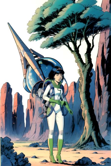 Yoko Tsuno, full body visible, short black hair, beige hairband, white and green bodysuit, green dress, green boots, spacesuit, spacecraft, alien planet, mountains, futuristic buildings, strange plants and trees, masterpiece, ultra high res, crystal clear, sharp focus, 1girl, 1990s \(style\), traditional media, retro artstyle, futuristic, science fiction, <lora:yoko_tsuno-10:0.9>