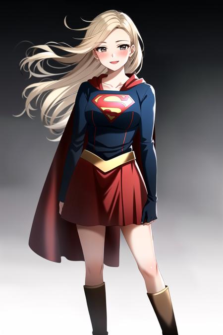 supergirl,masterpiece, best quality,1girl,solo,blonde hair, long hair, blue shirt , cape , red boot,knee boots ,red mini skirt , arms behind back, smile , happy ,blush, standing, looking at viewer, simple background, <lora:supergirl:0.6>