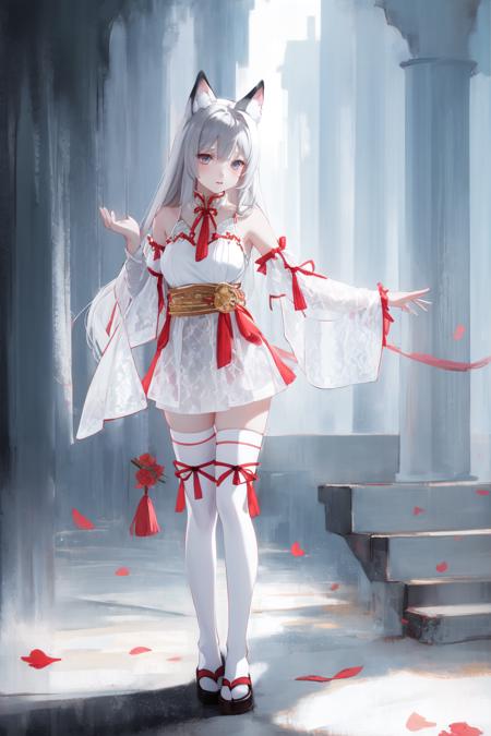 1girl,hutao,silver,white thighhighs,animal ears, detached sleeves,