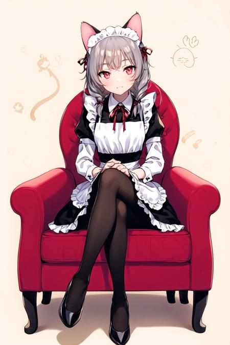 <lora:morikura2:1>1girl, solo, apron, pantyhose, maid, braid, sitting, ribbon, dress, chair, shoes, bangs, animal ears, cat ears, white pantyhose, long hair, looking at viewer, crossed legs, maid apron, grey hair, black dress, black footwear, twin braids, red eyes, long sleeves, red ribbon, neck ribbon, pink eyes, white apron, closed mouth