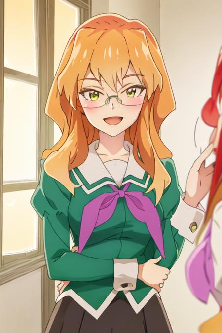 best quality, masterpiece, highres, solo, {chibana_sumika_watashinoyuriwaoshigotodesu:1.15}, long_hair, blonde_hair, glasses, green_eyes, smile, 1girl, blush, looking_at_viewer, open_mouth, orange_hair, rimless_eyewear, school_uniform, bangs, indoors, :d