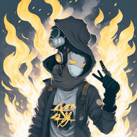 anime Surrounded by fire, hip hop pose, Portrait of the Gas Mask Senpai (GasmaskSenpai style:1) <lora:djzGasmaskSenpai:0.8)