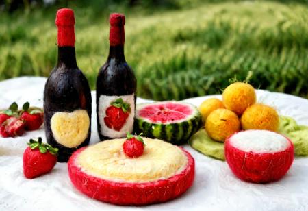 pamfelt a picnic blanket, fruit basket, plate with cheese, bowl with watermelon, strawberry cake, wine glasses, wine bottle, muffins, meadow background, romantic scene,cinematic shot, sharp focus,Insane Details, award-winning photo,