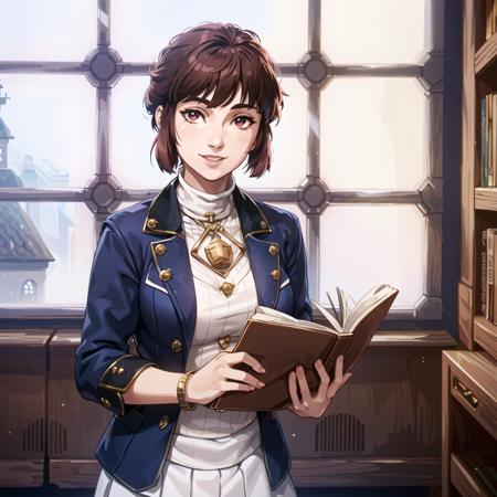 (library window, gorgeous view)
(cowboy shot), sfw,  (masterpiece), (best quality:1.0), (ultra highres:1.0), detailed eyes, detailed clothing texture, beautiful face, 1girl, solo, Isabeau reading, smiling
(white turtleneck), plaid skirt, bracelet, brownish red eyes
arcane
<lora:Isabeau_SMT4:0.4>  <lora:arcaneStyleLora_offset:0.7>